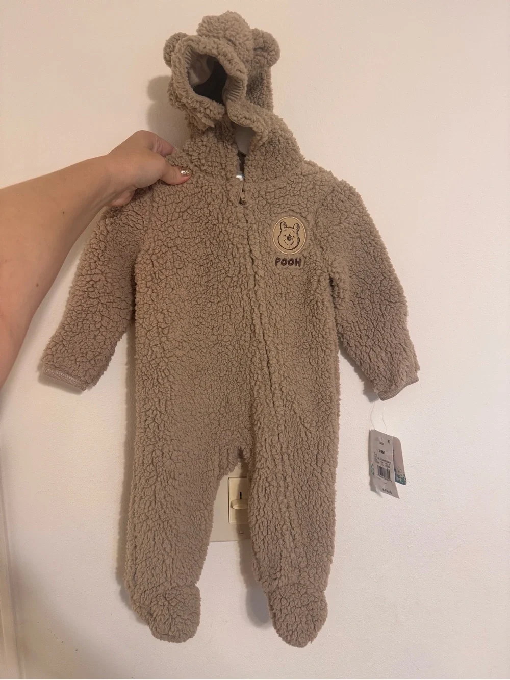 Disney Taupe Sherpa Pooh Hooded Baby One-Piece
